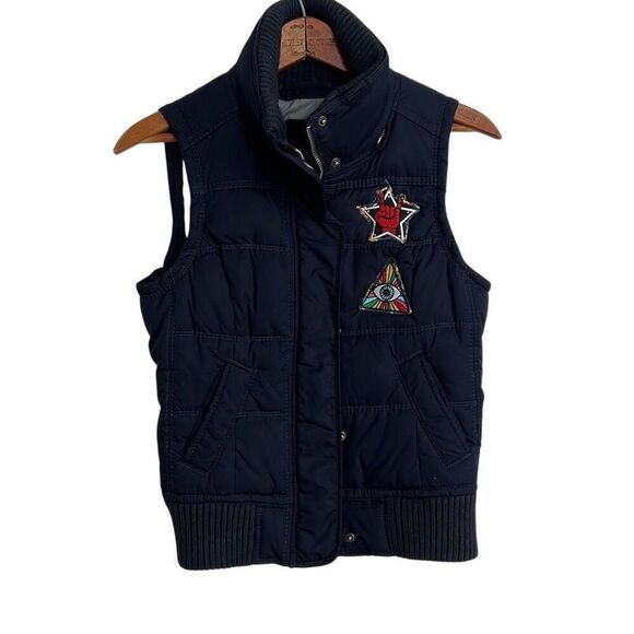 Abercrombie & Fitch Patch Logo Quilted Mock Neck Full Zip Puffer Vest Navy Small - Picture 1 of 7